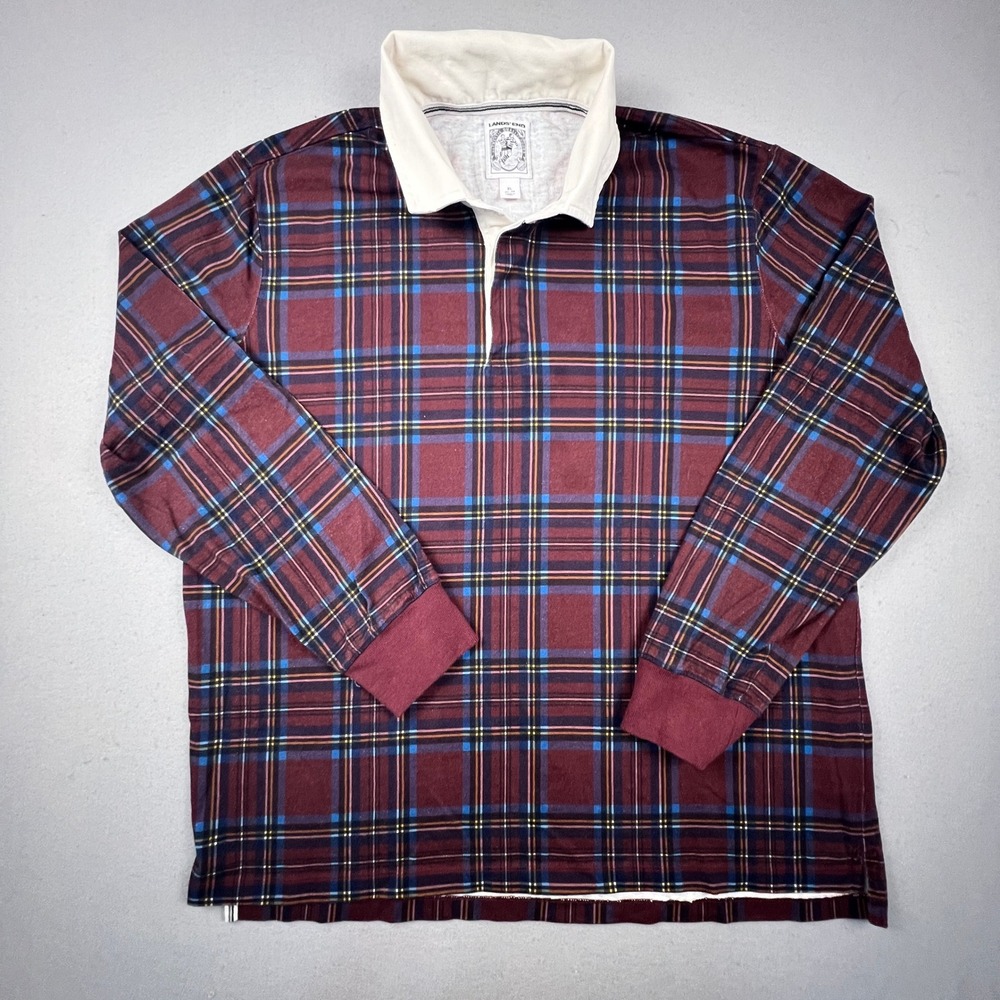 Lands End Rugby Shirt Mens XL Burgundy Plaid Long Sleeve Cotton Preppy Classic